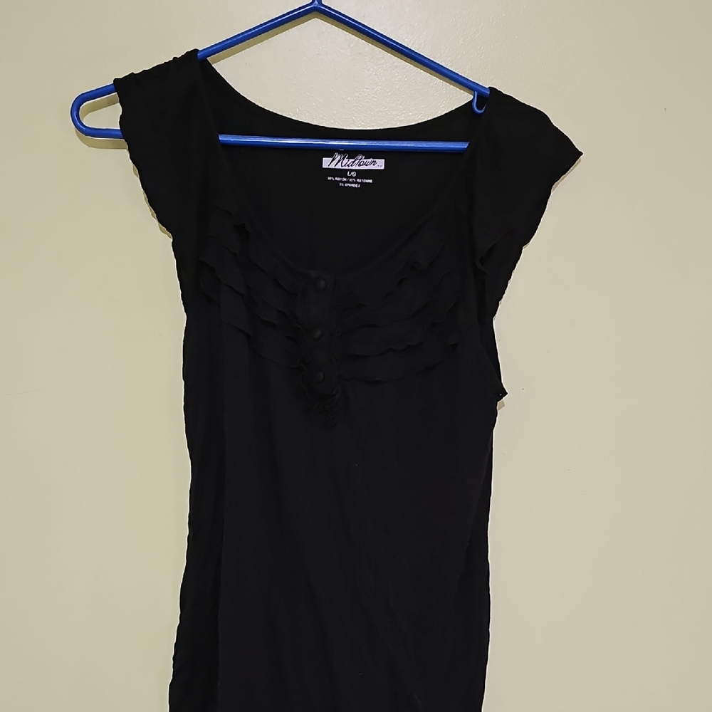 Blue Rain Black Ruffled Cap Sleeve Blouse